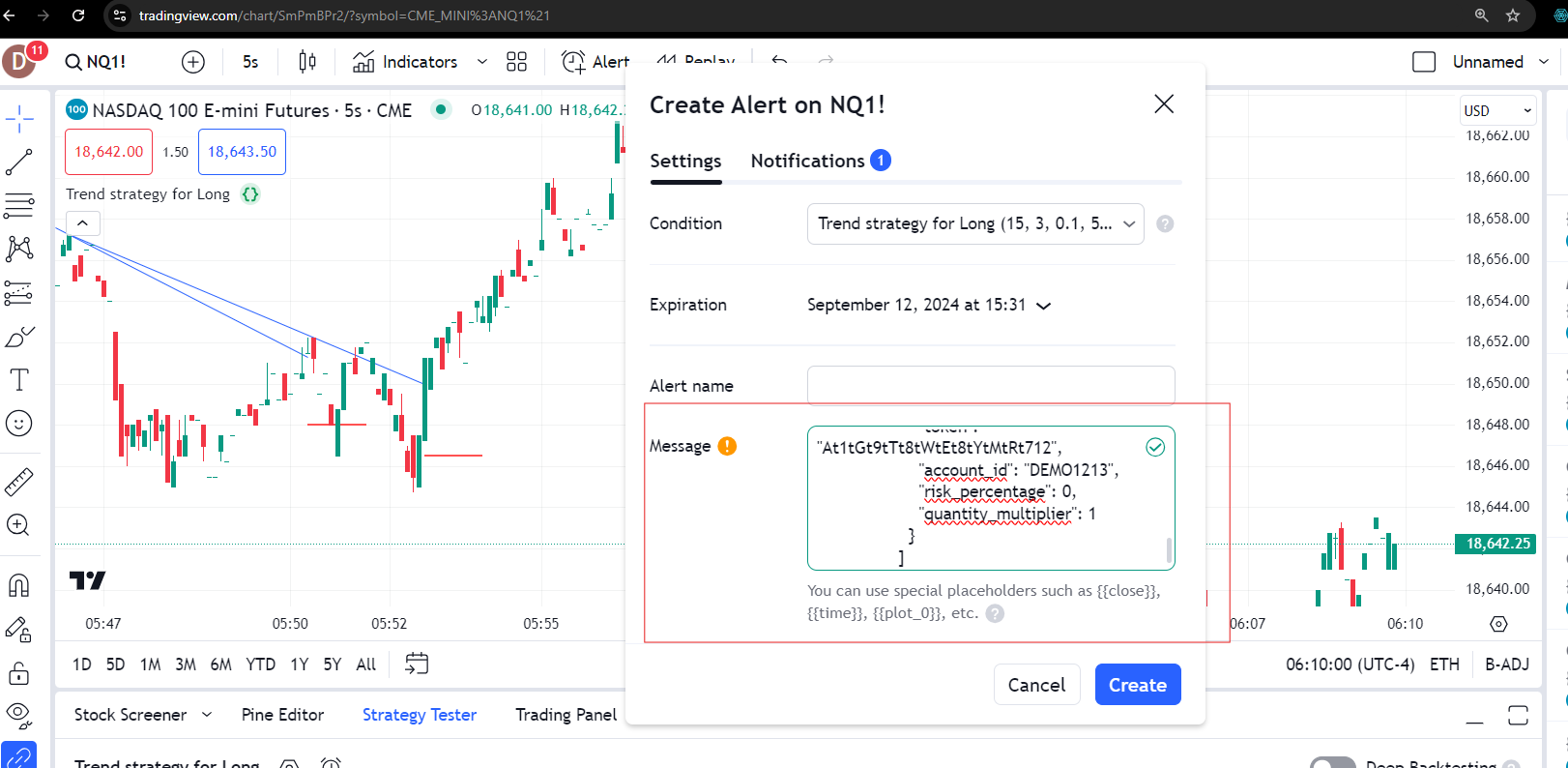 TradingView Message for tradovate