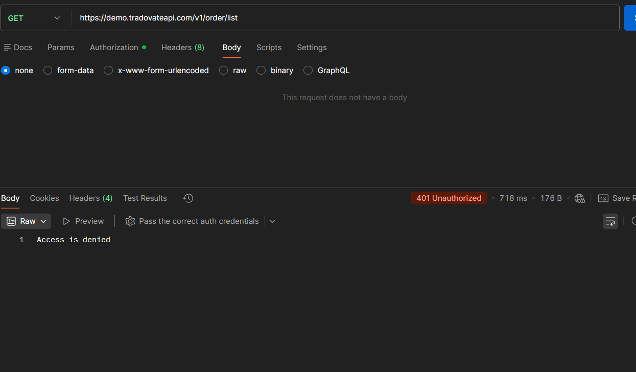 Tradovate API 401 response showing failureText Access is denied in live mode
