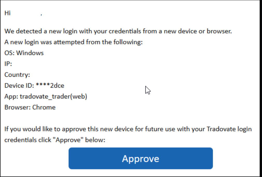 Tradovate device-approval email with the confirm-device link highlighted