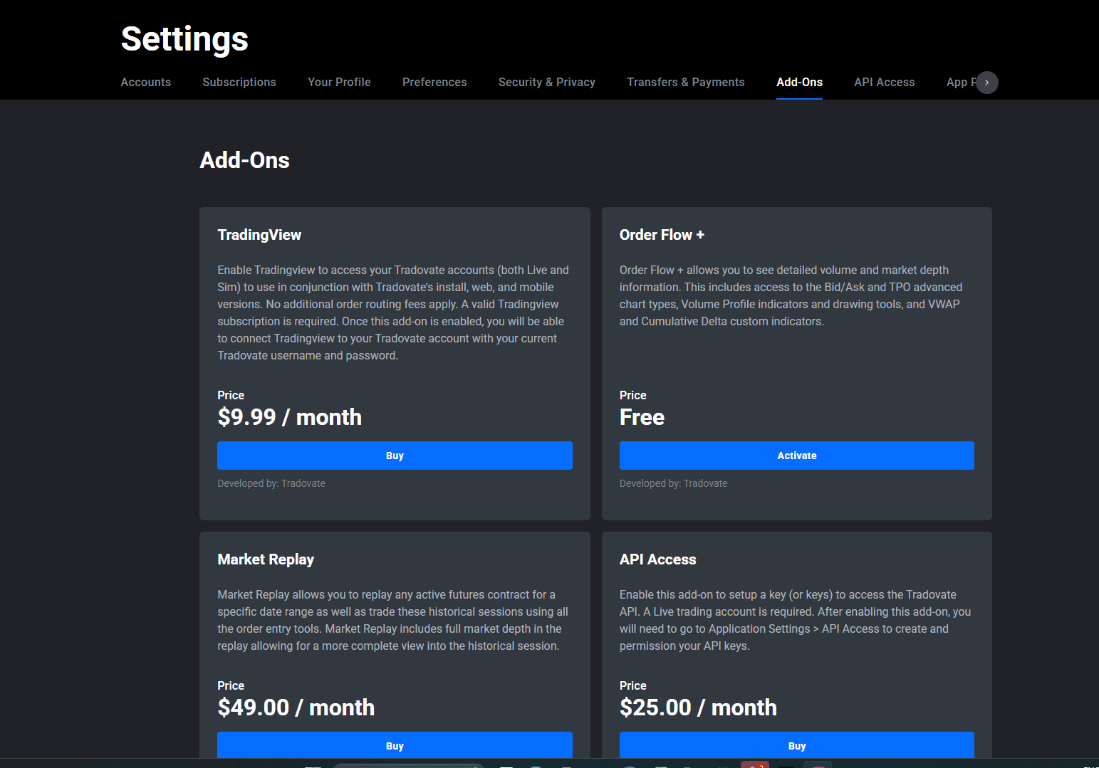 Tradovate web platform API Access settings showing the add-on enabled with full order permissions