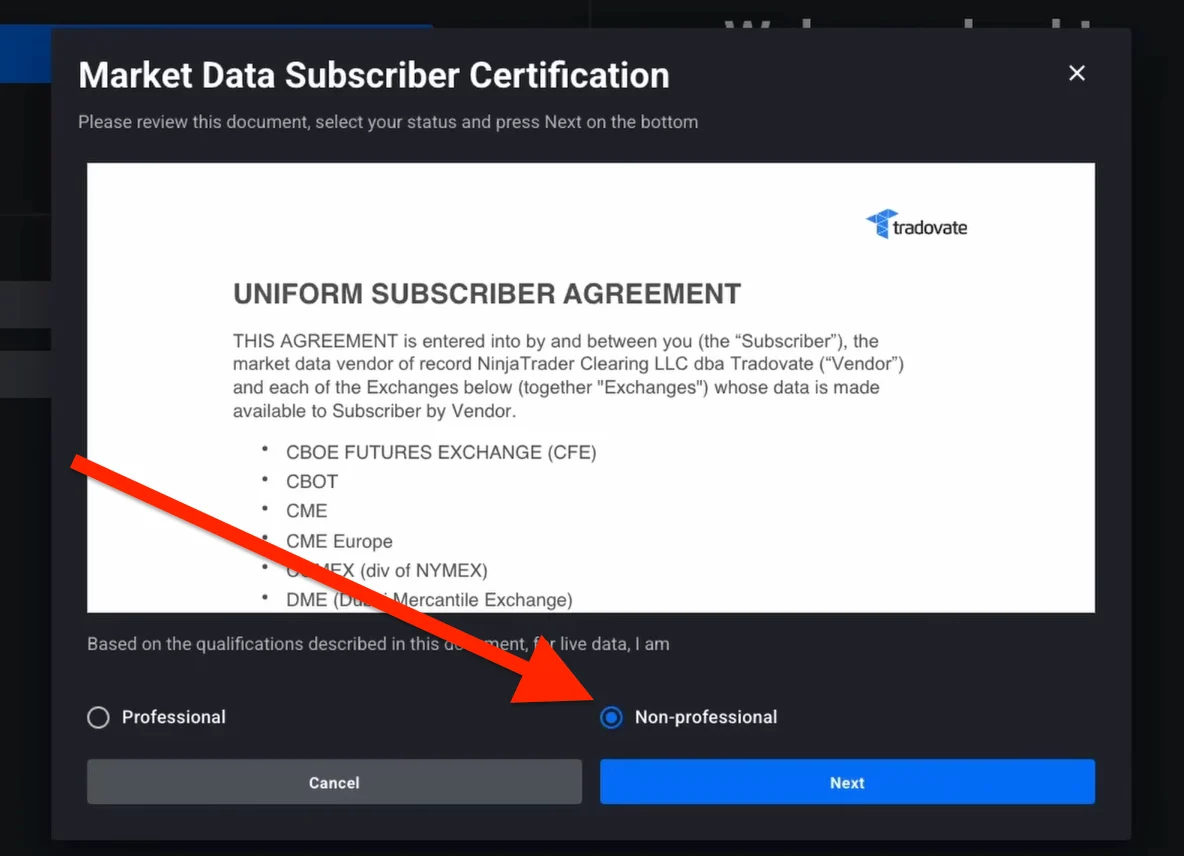 Tradovate non-professional market data agreement screen where the user declares status and accepts CME terms