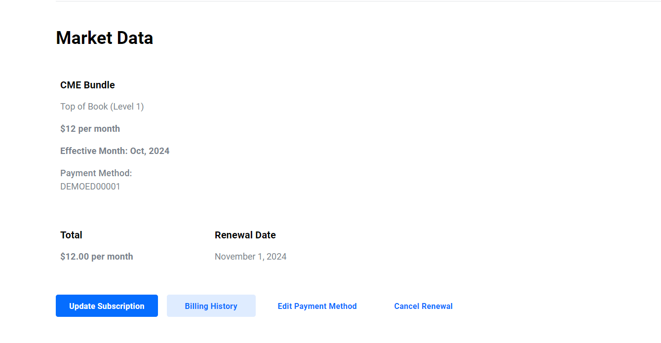 Tradovate market data subscription area confirming an active real-time exchange feed for the user