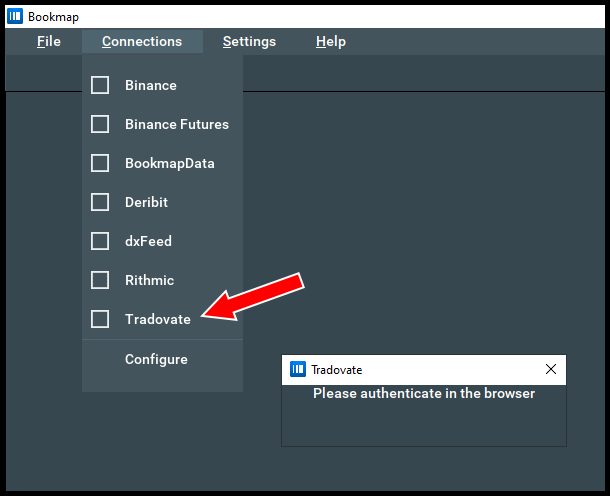 Bookmap connections screen listing Tradovate as a connection with a partial-depth data note