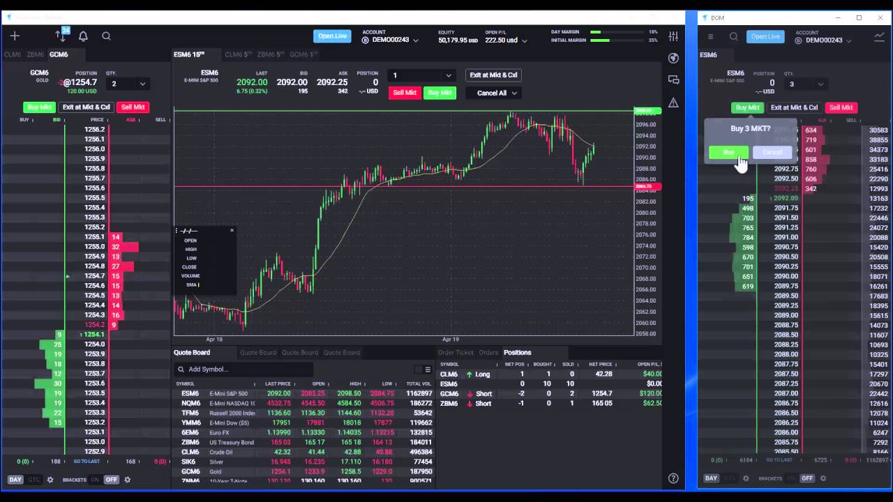 Tradovate chart with frozen candlesticks in a sim session while the DOM order book beside it keeps updating