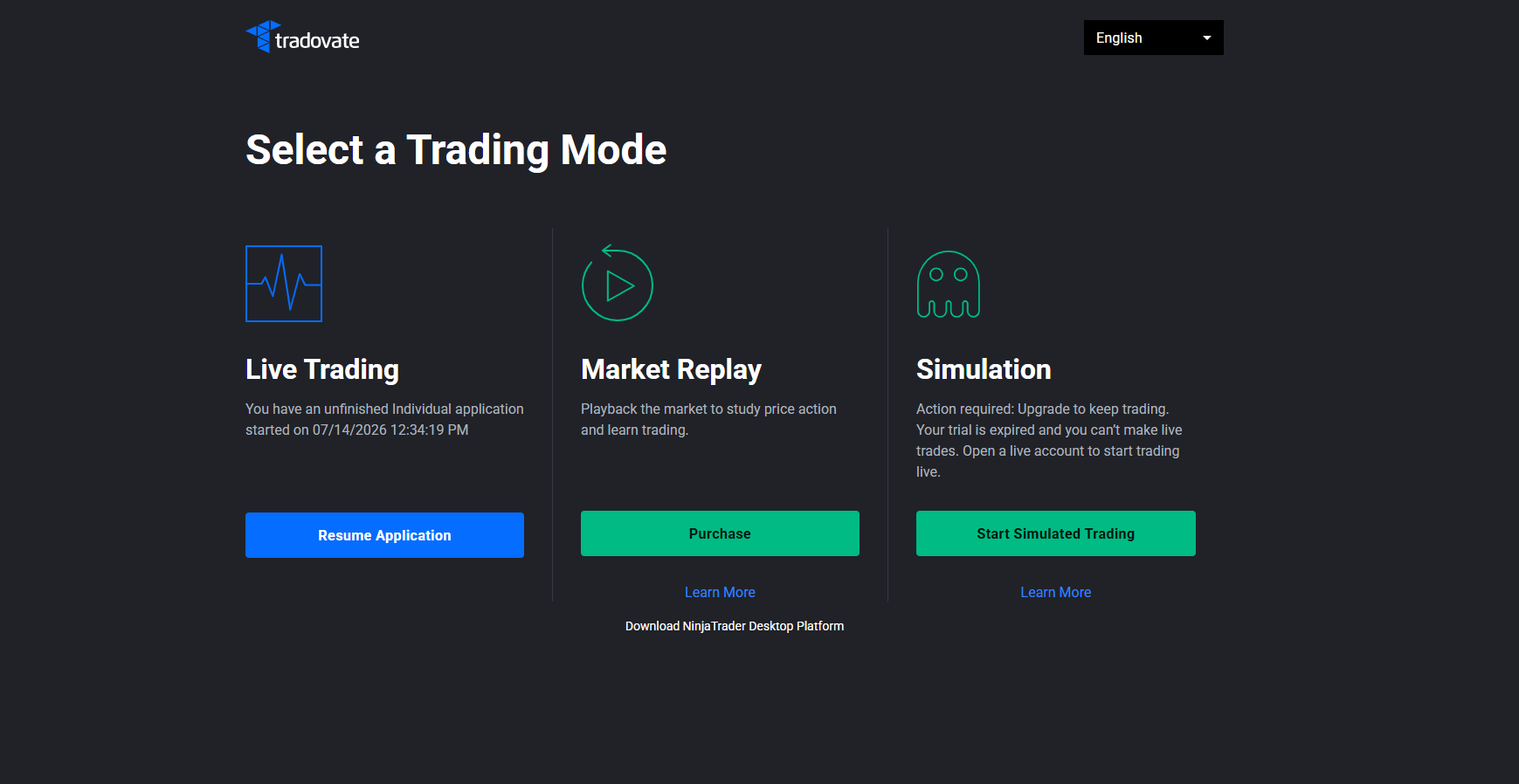 Reopening the Tradovate web platform in a fresh browser window and reconnecting to a sim session after a chart freeze