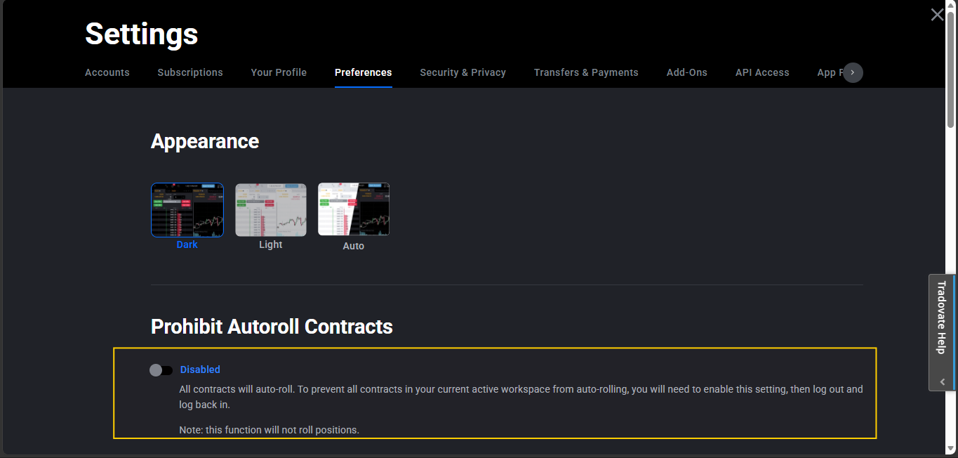 Tradovate Application Settings with the option to disable automatic contract roll-forward so an expired contract stays loaded in market replay