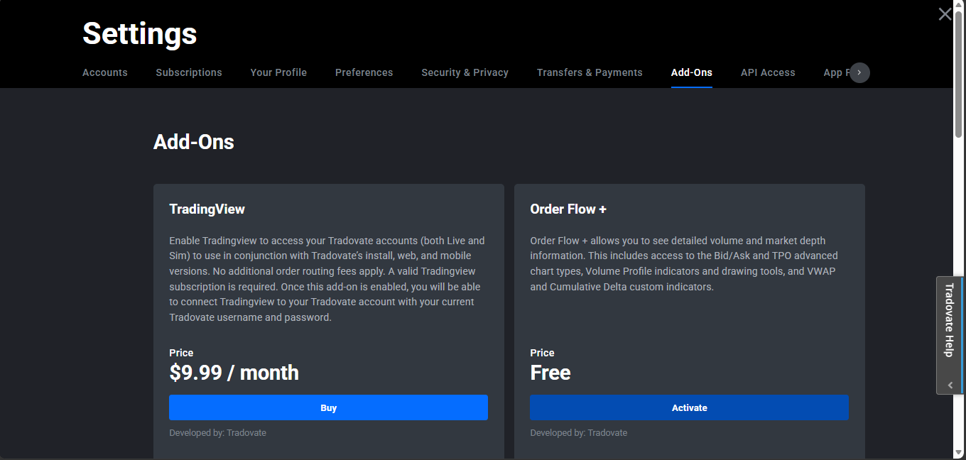 Tradovate account statement showing an Order Flow + subscription line item and its monthly amount