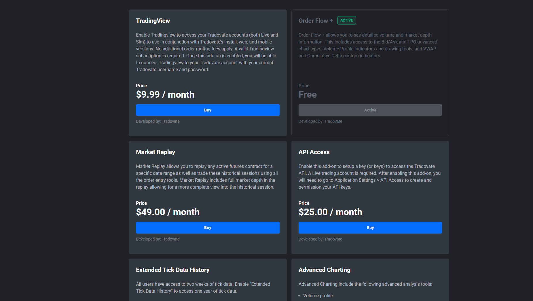 Tradovate Application Settings Add-Ons tab showing the Order Flow Plus add-on with a subscribe or active toggle