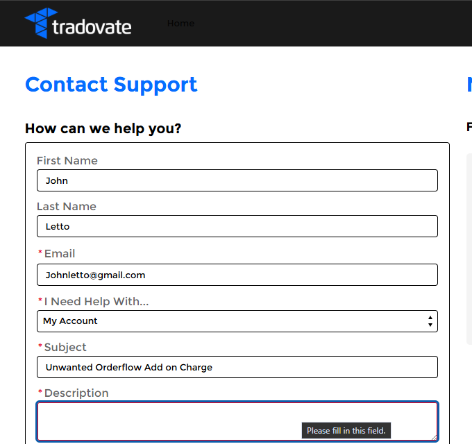 Tradovate Contact Support billing form used to dispute an unwanted Order Flow add-on charge