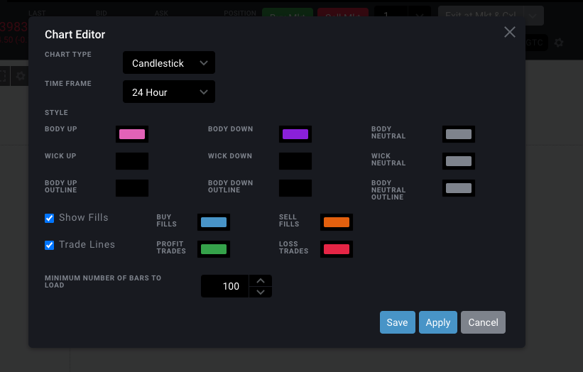 Tradovate chart editor panel with the Minimum Bars to Load field set to a higher value