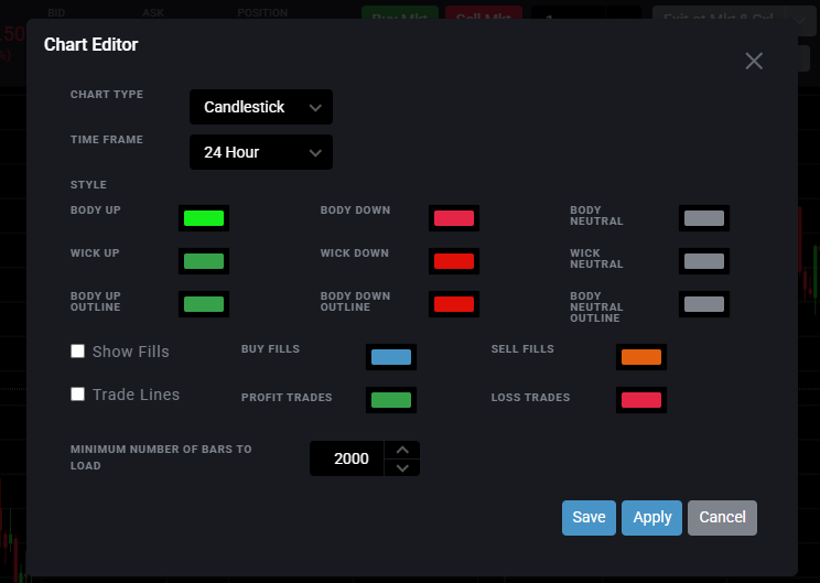 Tradovate save-as-template dialog naming a chart preset with a higher bar count