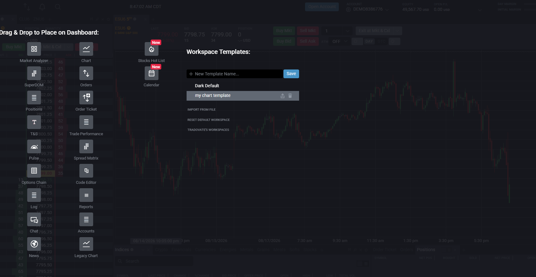 Tradovate chart menu open with the Templates option and Save Template highlighted