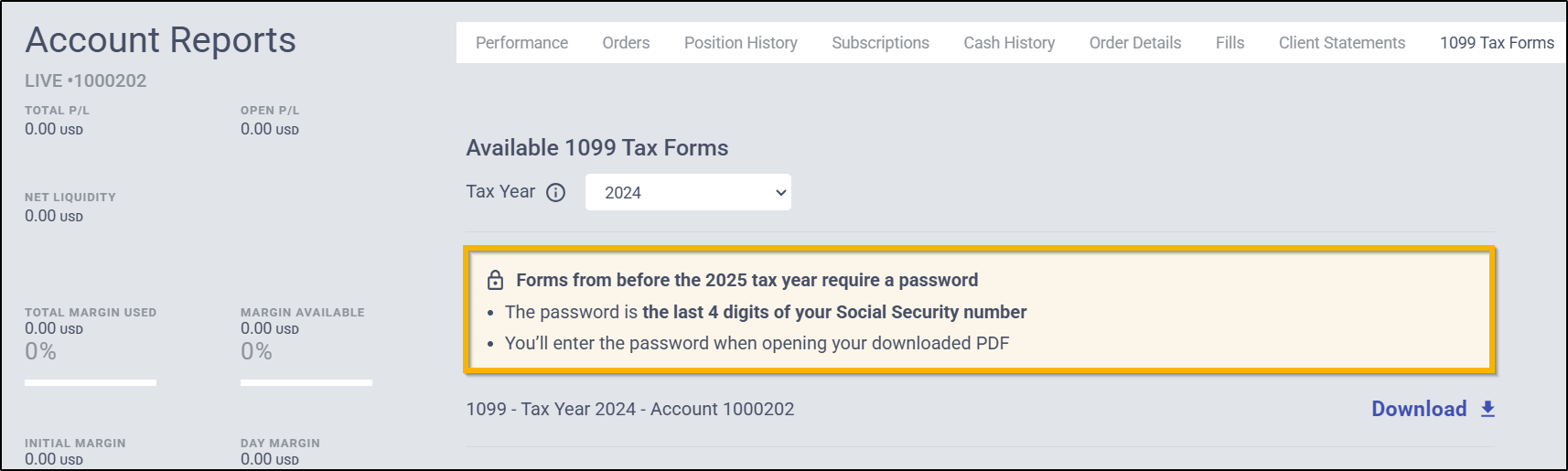 PDF reader showing a password prompt when opening a Tradovate 1099 tax form
