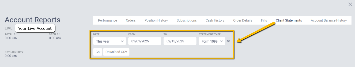 Tradovate reports section showing the 1099 tax form download for a selected tax year