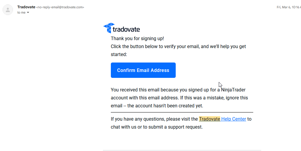 Tradovate email verification message with the activation link for the demo account