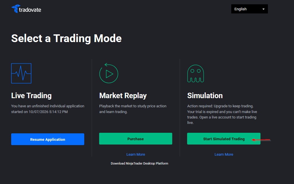 Tradovate login screen with the Simulation demo environment selected