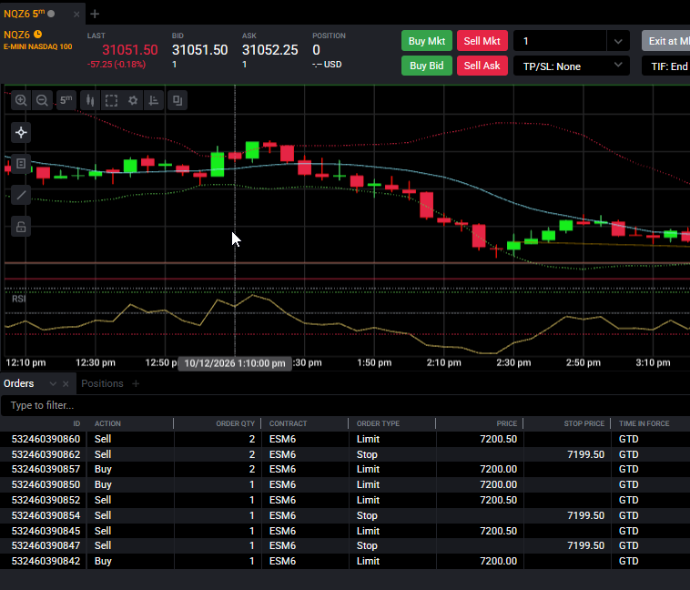 Tradovate simulated trading account showing the $50,000 practice balance and DOM