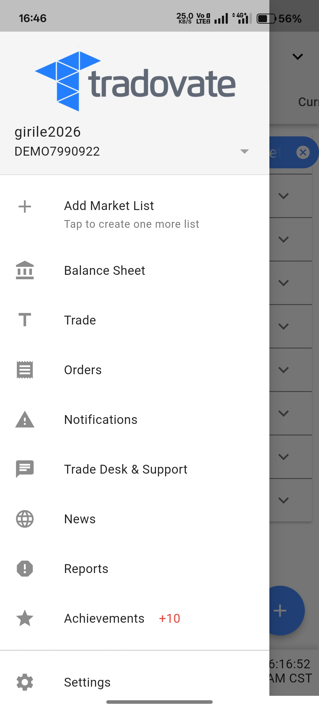 Tradovate mobile app side menu opened from the top-left hamburger icon with the Logout option visible