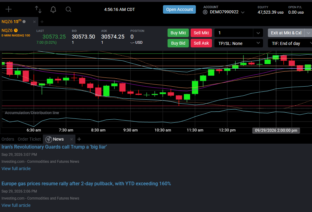 Tradovate workspace with a docked News module sitting alongside a chart and the order ticket