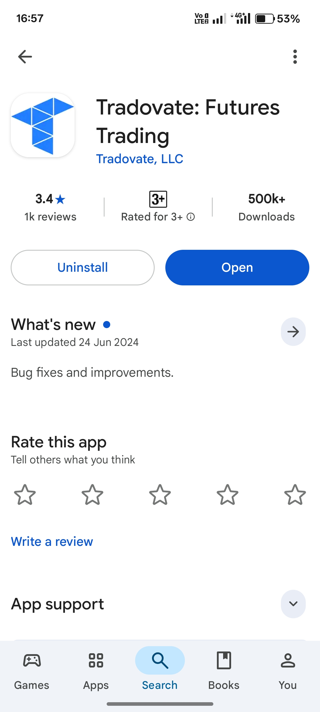 Schaltflächen Get und Install zum Herunterladen der Tradovate-Mobile-App
