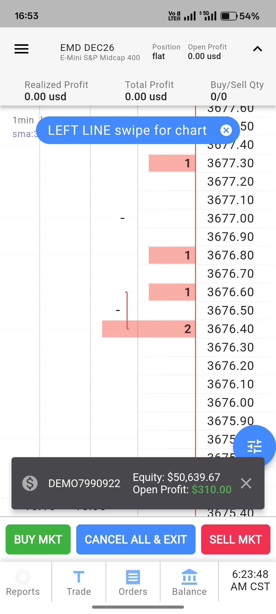 Vista espansa di Tradovate mobile con la tacca del divisore verticale tra il grafico e il SuperDOM