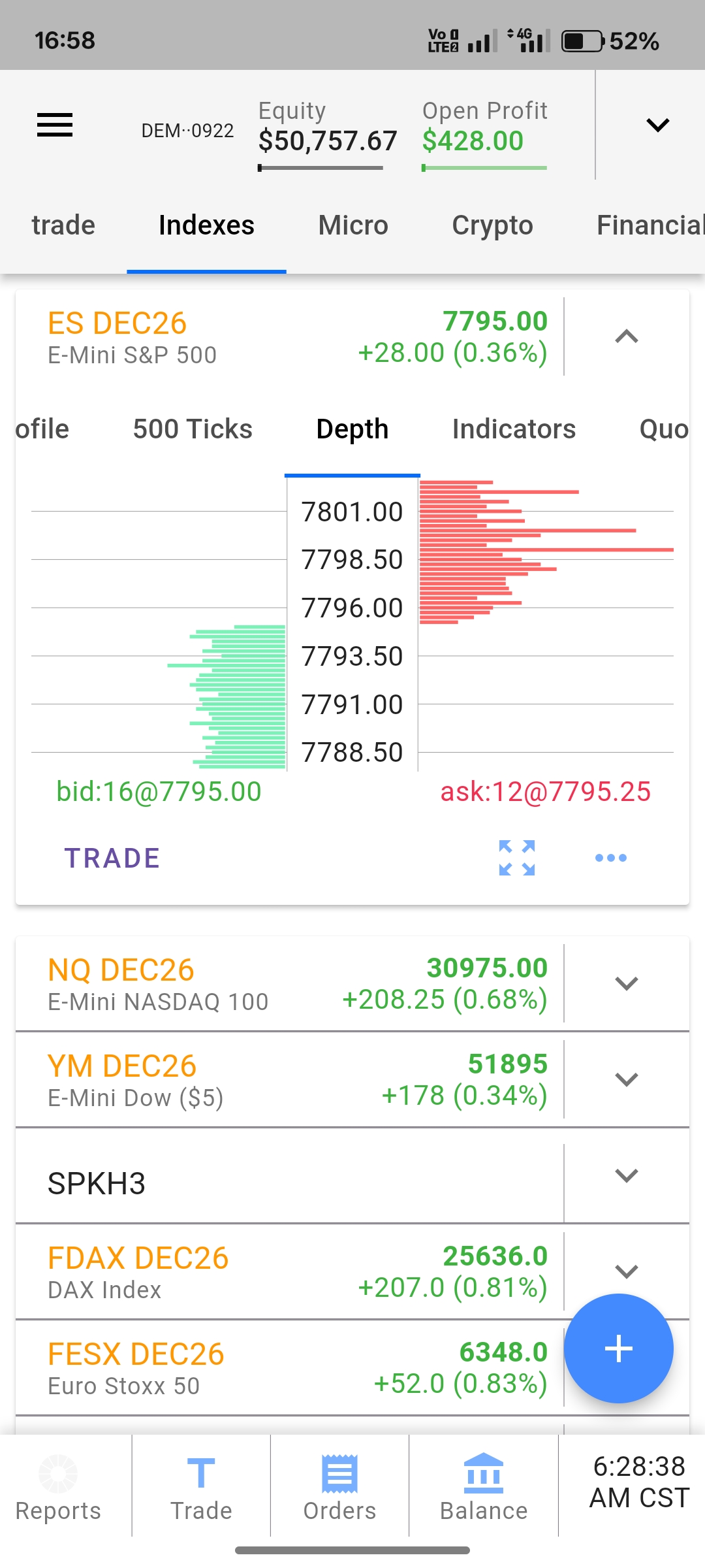 Tradovate mobile app menu open with the Trade option highlighted to open the order ticket