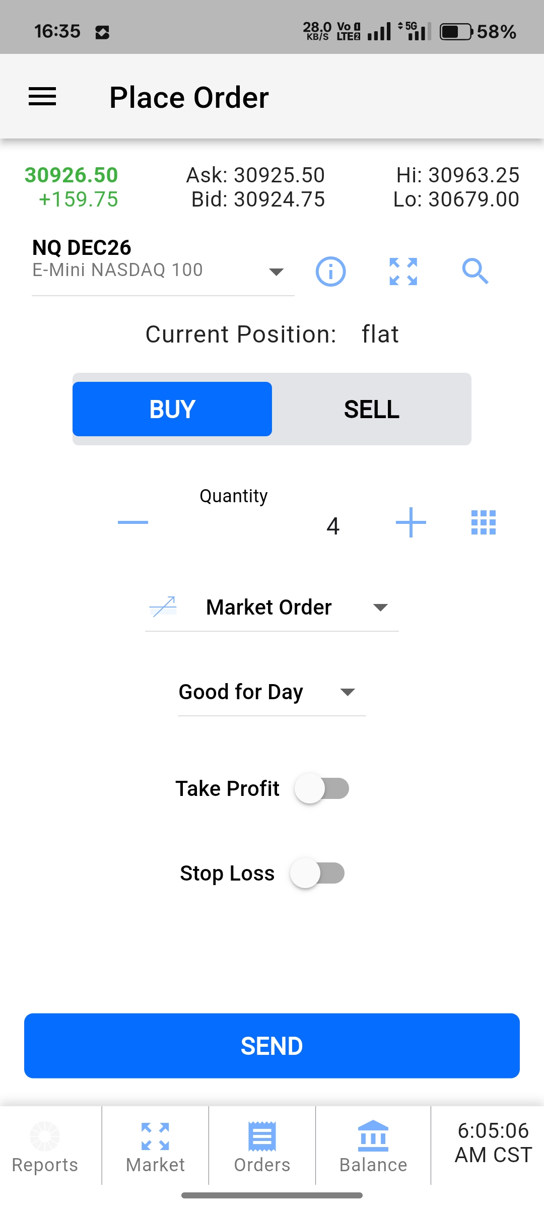 Tradovate mobile order ticket with the quantity stepper and limit price field filled in