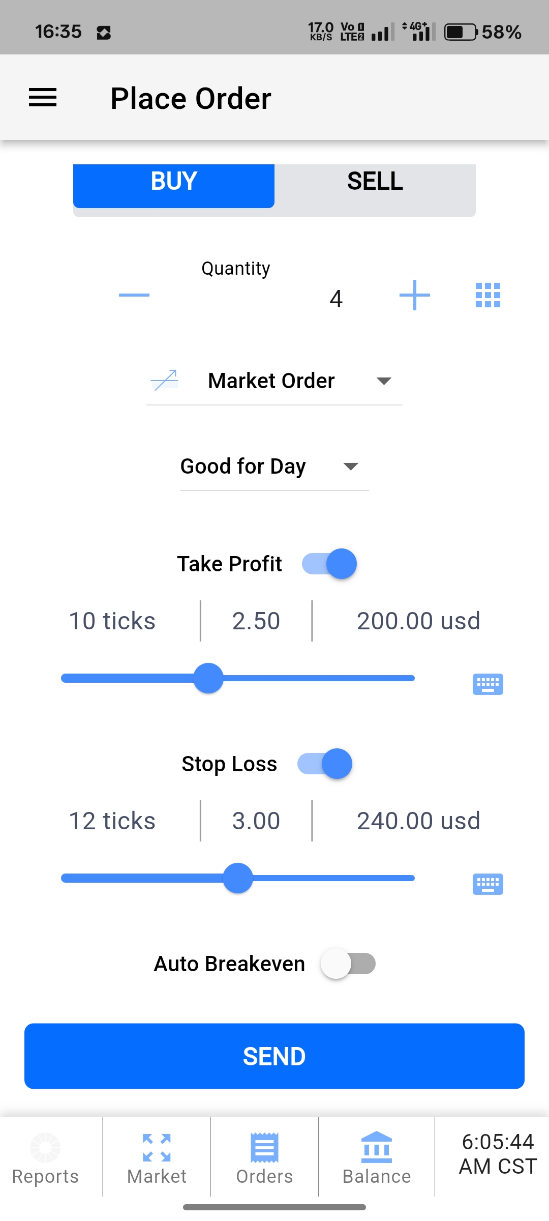 Tradovate mobile order ticket with the bracket enabled showing stop-loss and profit target fields