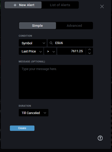 Tradovate alert dialog with price level, condition, and notification type fields