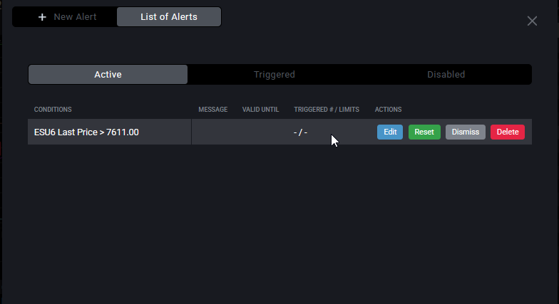 Tradovate Alerts Log listing active and triggered alerts with edit and delete controls