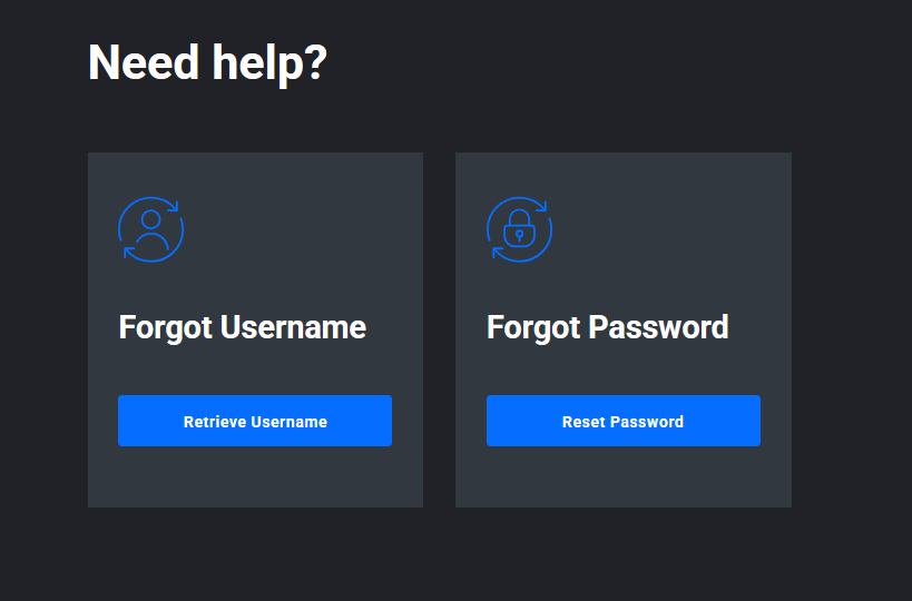 Tradovate-Need-Help-Panel mit den Optionen Retrieve Username und Reset Password