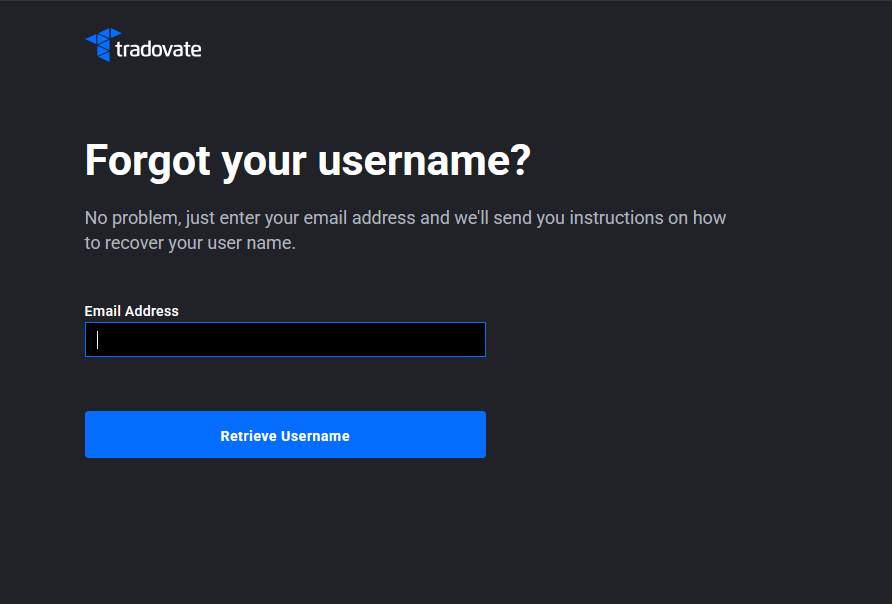 Tradovate-Formular Retrieve Username mit einem Feld für die E-Mail-Adresse des Kontos