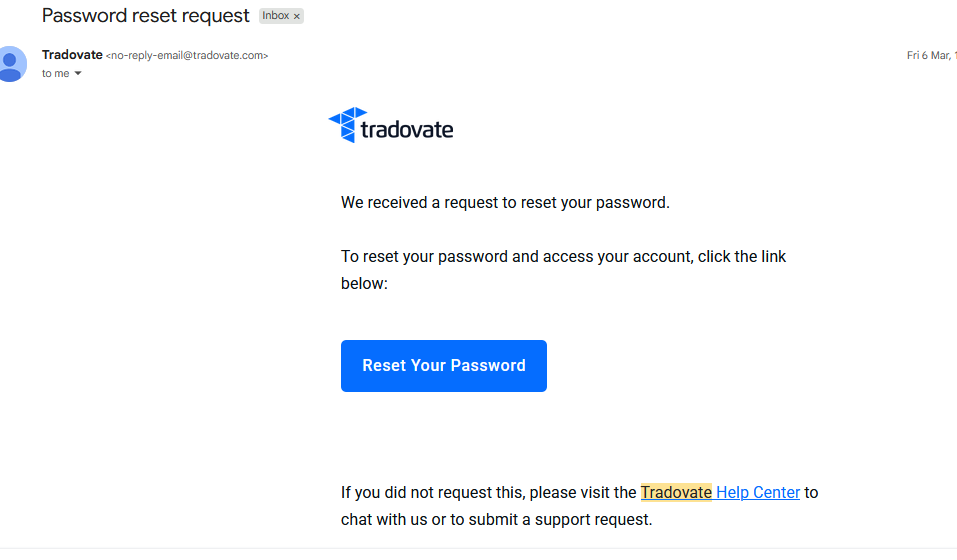 E-Mail von Tradovate mit dem wiederhergestellten Benutzernamen des Kontos