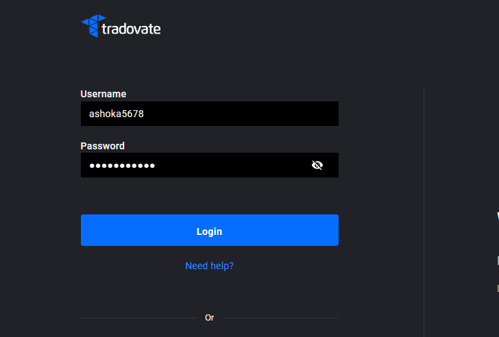 Tradovate-Anmeldebildschirm mit eingegebenem wiederhergestelltem Benutzernamen, bereit zur Anmeldung