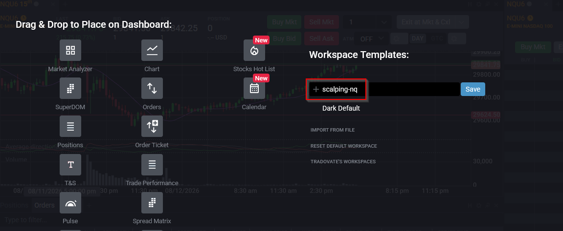Tradovate new workspace dialog with a name typed into the workspace name field