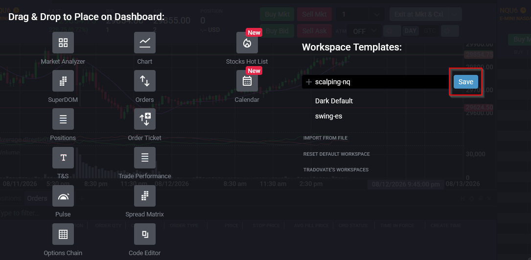 Tradovate workspace menu with the Save option highlighted after a layout change