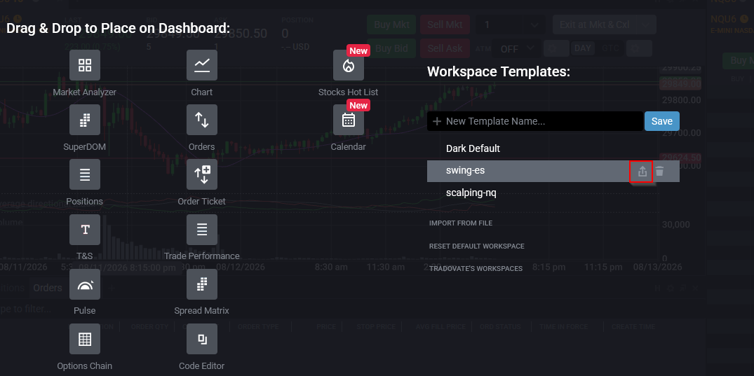 Tradovate workspace menu showing the up-arrow export icon that downloads the layout as a JSON file